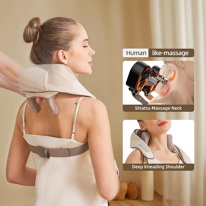 Neck Massager with Heat Cordless Neck and Shoulder Massage Rechargeable Shiatsu 6D Kneading Massager for Pain Relief Deep Tissue Gift for Mom&ampDad (Light Beige)