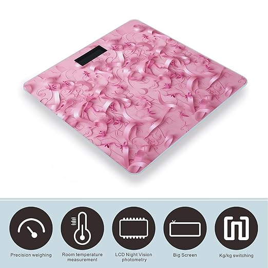 Pink Ribbon Pattern Scale for Body Weight Anti-Slip Tempered Glass Digital Bathroom Scales Clear LCD Display Weighing Scale Safe Rounded Corners Smart Scales