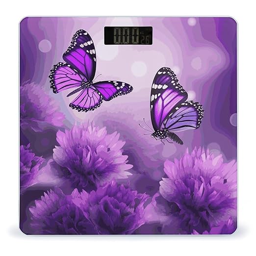 Purple Flower Butterflies Bathroom Scale for Body Weight 400 Lb Weight Scale with High Precision Sensors Tempered Glass Highly Accurate Digital Weighing Machine for People