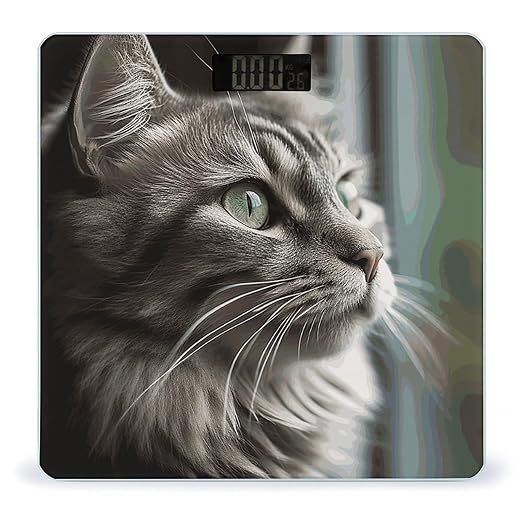 Gray Cat with Green Eyes Scale for Body Weight Sturdy Tempered Glass Weighing Scales with LCD Display Accurate Digital Bathroom Scale Convenient Body Fat Smart Scales 400lb