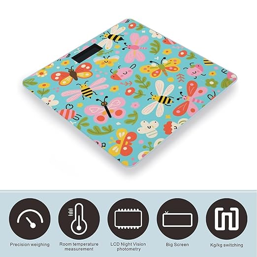 Insect Pattern Weight Scale Large Digital Bathroom Scales with Bright LED Display Non Slip Digital Scale and Step On Fashion Weighing Machine for Body