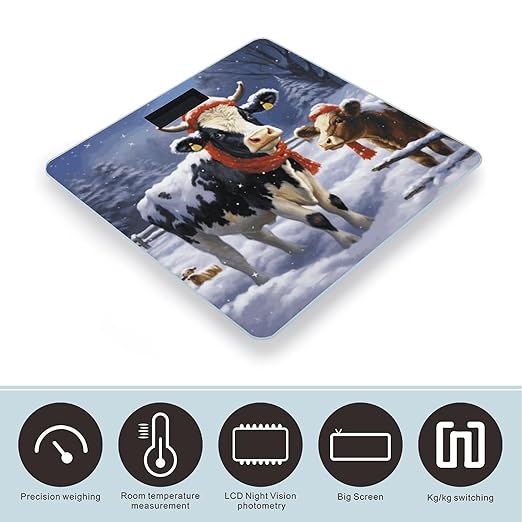 Christmas Snow Cow Scale for Body Weight Safe Rounded Corners Tempered Glass Digital Bathroom Scale LED Display 400lb Capacity Weight Scales with High Precision Sensors