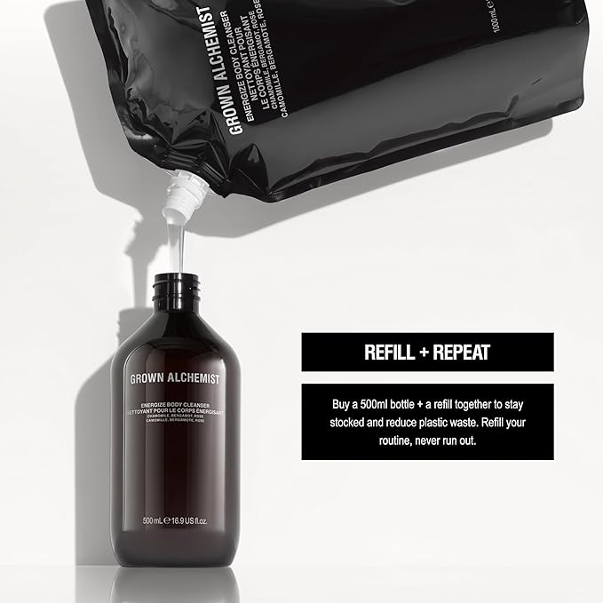 Grown Alchemist Energize Body Cleanser Refill Pouch. Chamomile Bergamot &amp Rose Body Cleanser. Gentle Body Wash. Hydrates &amp Cleanses Skin (1L).
