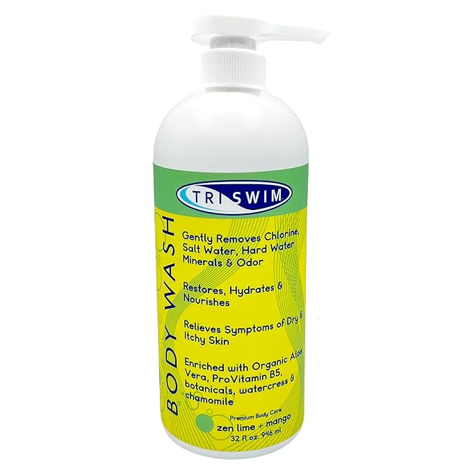 TRISWIM Chlorine Removal Body Wash 32 Fl Oz | Removes Chlorine Bromine Hard Water Minerals &amp Saltwater | Hydrates &amp Restores Skin | Zen Lime + Mango Scent