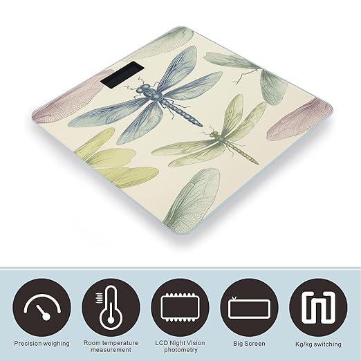 Dragonfly Drawing Bathroom Scale Automatic Power On/Off Body Scales LCD Backlight Display Square Digital Scale Rounded Corners Bathroom Scales for Home Bedrooms