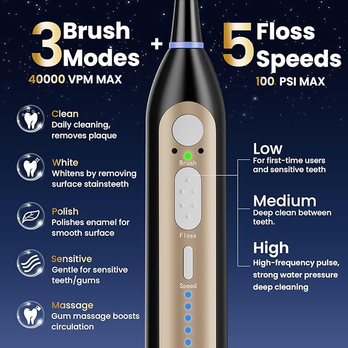 Electric Toothbrush with Water Flosser Upgrade Flossing Toothbrush Combo with 3 Brush 5 Floss Speeds&amp 3 Brush Modes 500mL Tank 30-Day Battery for Adults &amp Teens Gums Braces-Black