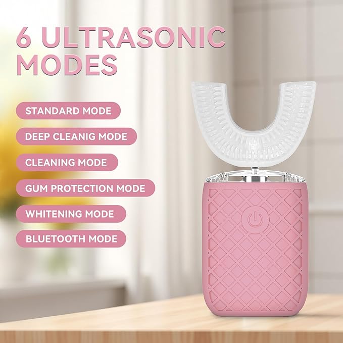 Adult Sonic Automatic Electric Toothbrush 360° Oral Cleaning Stain Whitening IPX7 Waterproof Rechargeable u-Shape Brush Head*3+Straight Handle Brush Head*2 (Pink)