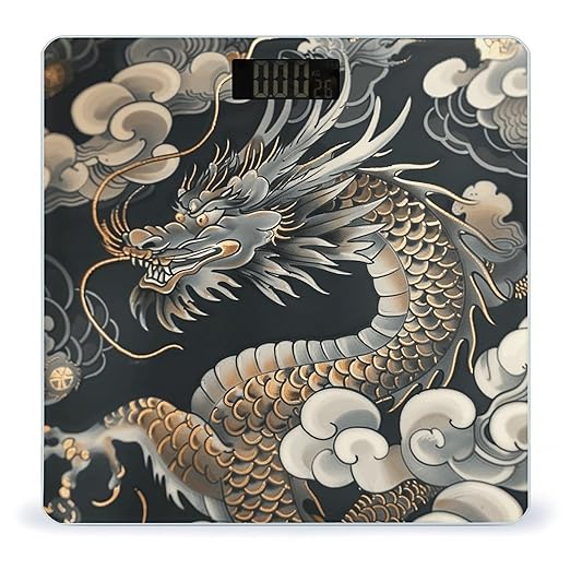 Black Oriental Dragon Bathroom Scale for Body Weight LCD Display Digital Bathroom Scale Tempered Glass Bathroom Weight Scales Fashion Smart Scales for Home Bedroom 400 Lb