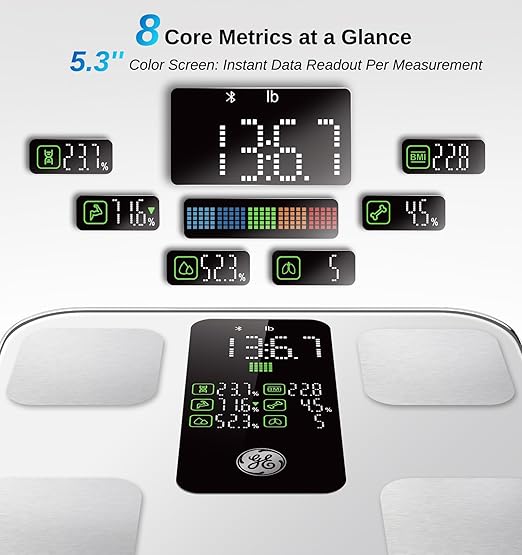 GE Scale for Body Weight: Body Fat BMI Muscle Mass Smart Bathroom Scales with 14 Body Composition Metrics with Large Display Accurate Bluetooth Weighing Machine with Fitness App 400 lbs White