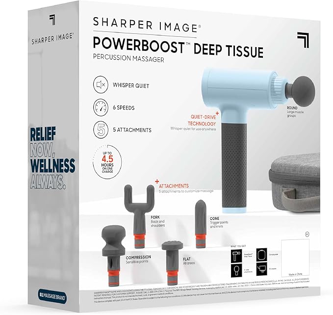 Sharper Image Deep Tissue Percussion Massage Gun Powerboost Rechargeable Handheld Massager 6 Adjustable Speeds 5 Attachment Heads &amp Carrying Case Full Body Muscle Pain Relief Light Blue
