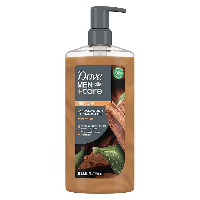 DOVE MEN + CARE Shower Tool For Stronger Healthy-Feeling Skin Active Clean Scrubs and Exfoliates Body Wash Sandalwood + Cardamom Oil to Rebuild Skin in the Shower