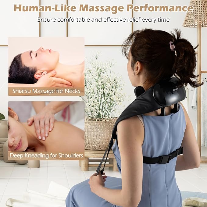 COSTWAY Neck Shoulder Massager 4D Deep Tissue Kneading Shiatsu Machine with 2 Heat Levels for Pain Relief Portable Cordless Neck Back Leg Massager Pillow Gift for Family Women Men Black