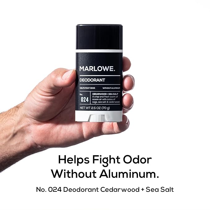MARLOWE. Men’s Cedarwood + Sea Salt Body Care Bundle – No. 103 Body Wash 15 oz No. 024 Aluminum-Free Deodorant 2.5 oz &amp No. 102 Exfoliating Body Scrub Soap 7 oz Fresh &amp Zesty Scent