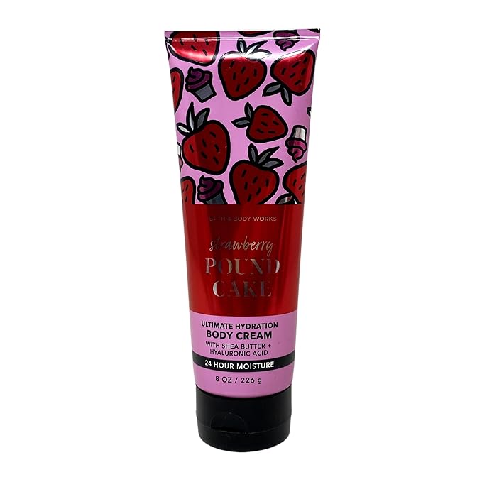 Bath &amp Body Works Strawberry Pound Cake - Moisturizing Body Wash Fine Fragrance Mist and Ultimate Hydration Body Cream - with a Peach Gardenia Bar Soap