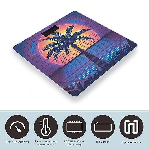 Palm Tree Sun and Grid Bathroom Scale for Body Weight Bathroom Weighing Scales with Back Lit LED Display Sturdy Tempered Glass Body Weight Bathroom Scale 400lb Weighing