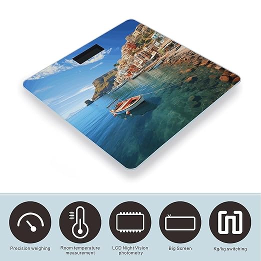 Seaside Town Scale for Body Weight Anti-Slip Tempered Glass Digital Bathroom Scales Clear LCD Display Weighing Scale Safe Rounded Corners Smart Scales