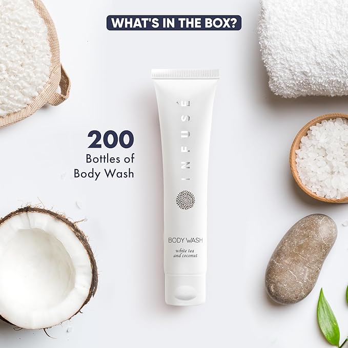 Travel Size Hotel Body Wash 200 Count 1 oz Bottles Guest Amenities for Hotels Vacation Rentals and Short Term Rentals Paraben Free White Tea and Coconut Scent Infused with Aloe and Olive Oil by INFUSE