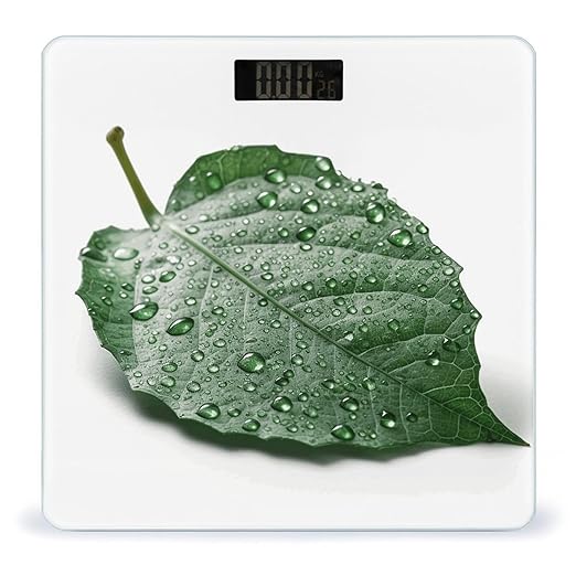 There is Water on The Leaves Scale for Body Weight Anti-Slip Tempered Glass Digital Bathroom Scales Clear LCD Display Weighing Scale Safe Rounded Corners Smart Scales