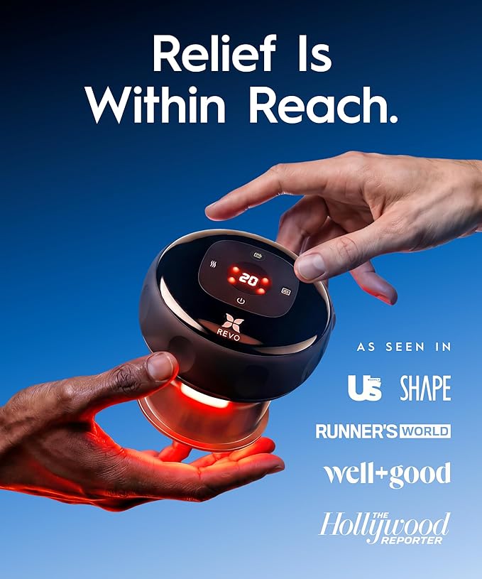 REVO The Original 4-in-1 Smart Cupping Therapy Massager Red Light Therapy for Targeted Pain Relief Knots Aches Muscle Soreness Circulation &amp Tighter Skin Portable Cupping Kit (Four Pack)