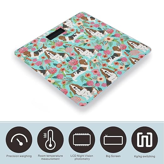 Sweet Basset Hound Florals Scale for Body Weight Digital Bathroom Scale Precision Smart Weighing Scales with Clear LED Display Accurate High Precision Scales Weighing Machine