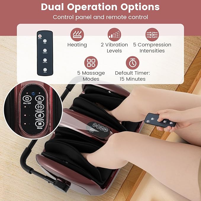 Giantex Foot Massager with Heat Calf Massager with Remove Control 2 Vibration Options 5 Mode &amp 5 Compression Intensity 360°Adjustable Stand Shiatsu Foot Massage Machine for Calf Arm Relax (Re
