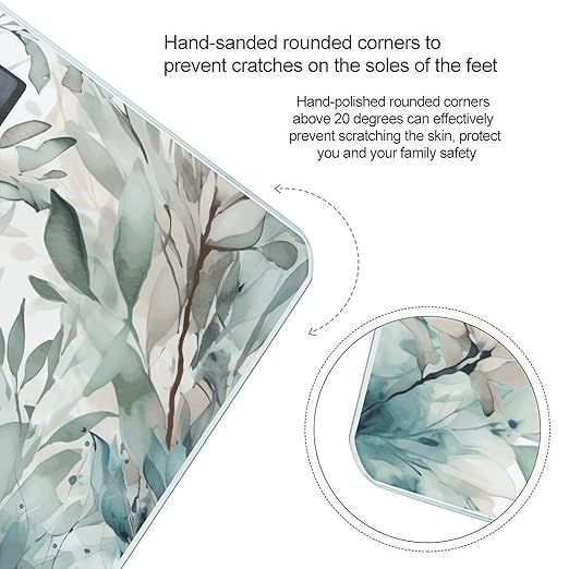 Leaves of Plant Scale for Body Weight Anti-Slip Tempered Glass Digital Bathroom Scales Clear LCD Display Weighing Scale Safe Rounded Corners Smart Scales