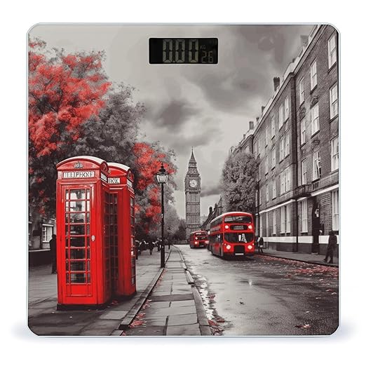 Red London Street Bathroom Scale for Body Weight Bathroom Weighing Scale with Backlit LCD Display Highly Accurate Measures Weight Up to 180kg