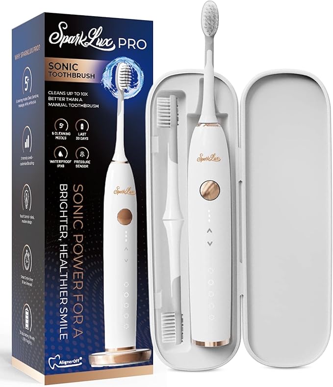 Sparklux Pro Ultrasonic Toothbrush - Rechargeable Wireless Electric Toothbrush for Adults with Replacement Heads Travel Case Cordless Design White with Rose-Gold Trim