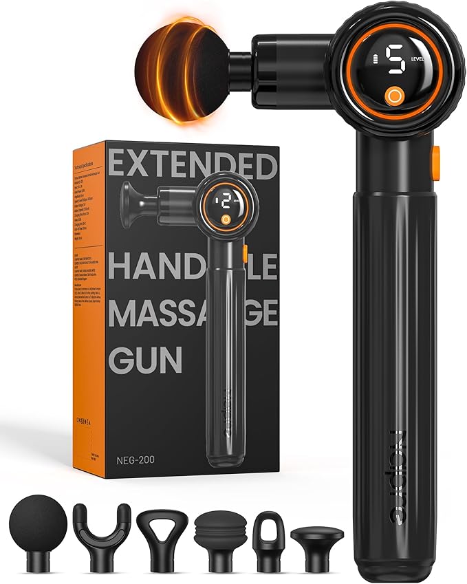 NAPRE Massage Gun with Extension Handle &amp 3 Adjustable AnglesDeep Tissue Back Massage for Neck/Shoulders/Waist/Legs/Body Pain ReliefHandheld Percussion Muscle Massager6 Heads &amp SilentBlack