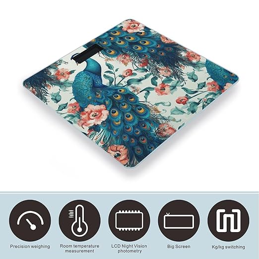 Beautiful Peacock Flowers Digital Bathroom Scale for Body Weight with High Precision Digital Weighing Scale with BMI Clear LCD Display and Step-On Measures Weight Up to 180kg