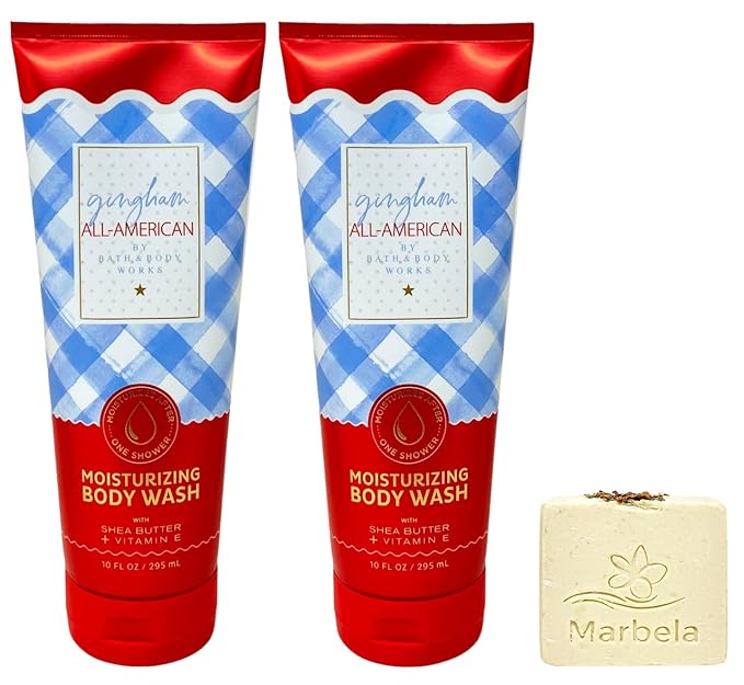Bath &amp Body Works Gingham All-American 2 Moisturizing Body Washes with a Creamy Rose Bar Soap
