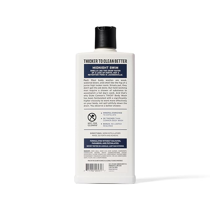 Duke Cannon Midnight Swim Body Wash - Thick High Viscosity Men's Body Wash Exfoliating and Moisturizing Formula Sea Grass and Sandalwood Scents 17.5 oz (3 Pack)