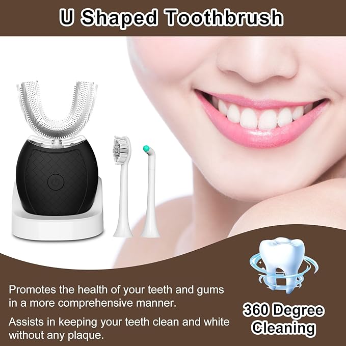 Electric Toothbrush for Adults and Nylon U-Shaped Brush Head Replacement Compatible with U-Shaped ToothbrushU Shaped Automatic Toothbrush for 360-degree Cleaning 3 Modes for Whitening Wire
