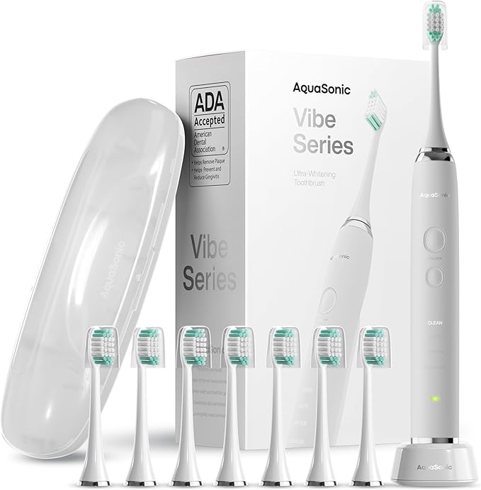 Aquasonic Vibe Series Ultra-Whitening Toothbrush – ADA Accepted Electric Toothbrush - 8 Brush Heads &amp Travel Case – 40000 VPM Motor &amp Wireless Charging - 4 Modes w Smart Timer – Optic White