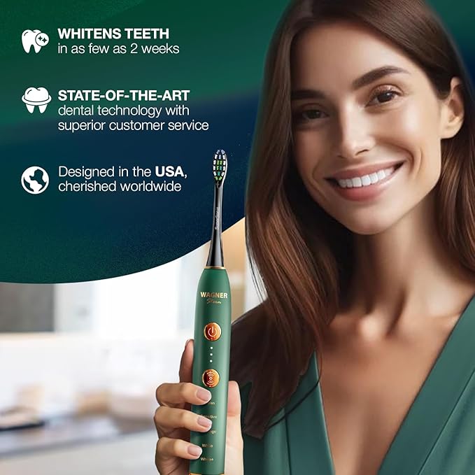 Wagner Stern WHITEN+ Edition. Whitening Electric Toothbrush with Pressure Sensor. Offers 5 Brushing Modes 3 intensities 8 Soft Brush Heads and a Luxury Travel case.