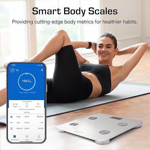 Active Era Digital Bathroom Bluetooth Scales Weight and Body Fat - Fit Track Scale Calculates BMI Body Fat Percentage Muscle Mass - Apple Health Google Fit &amp Fitbit Compatibility (White)