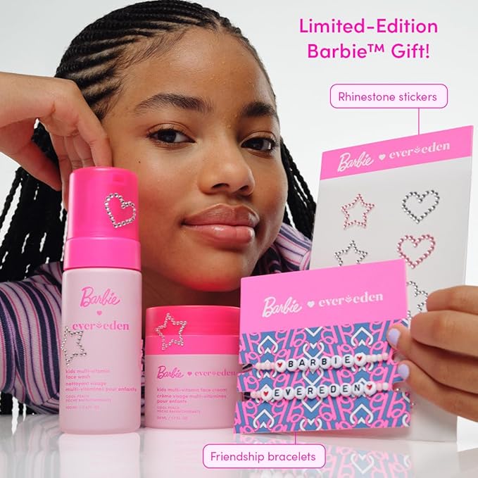 Evereden Happy Face DUO Barbie Edition &amp Cloud Body Wash Coconut Splash Set: Multi-Vitamin Kids Face Wash &amp Cream Fun Foamy Toddler Body Wash &amp Barbie Gift Bundle - Gentle Clean &amp