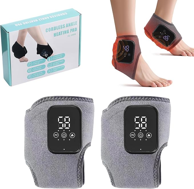 2Pcs Ankle Massager for Pain Relief Ankle Heating Pads with Massage - 3 Levels Heat &amp Vibration Adjustable Auto Shut-Off Cord-Free Use for Daily Used