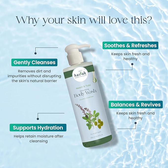 Hastak Organic Herbal Body Wash- 250 ml | Hydrating &amp Refreshing Shower Gel for Women &amp Men | Paraben and Sulphate Free (Neem &amp Tulsi)