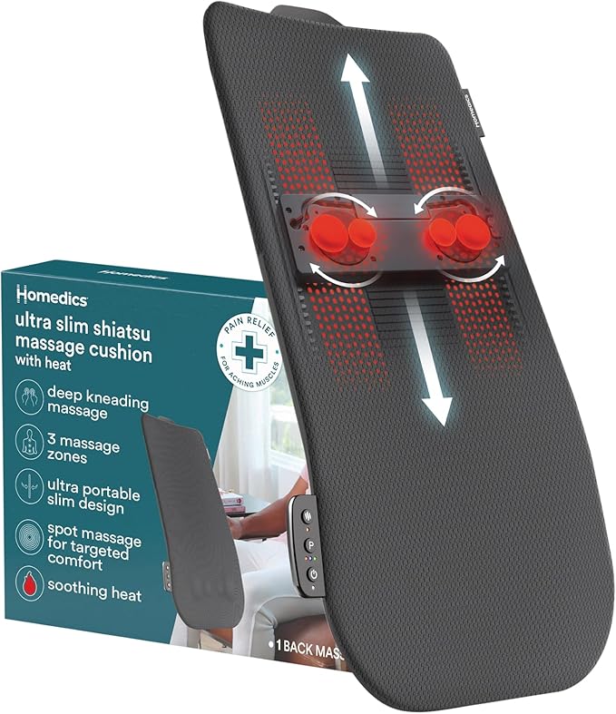 HoMedics Ultra Slim Shiatsu Massage Cushion with Heat – Full Back Coverage Deep Kneading Massage 3 Zone Control (Upper/Lower/Full) Soothing Heat Slim Profile Portable Design Fits Most Chairs