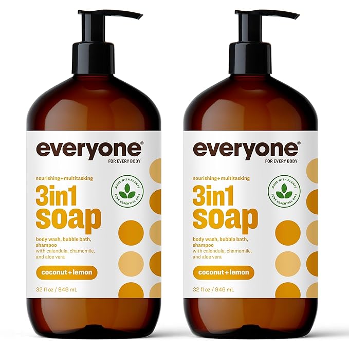 Everyone 3-in-1 Soap Body Wash Bubble Bath Shampoo 32 Ounce (Pack of 2) Coconut and Lemon Coconut Cleanser with Plant Extracts and Pure Essential Oils &amp Mighty Conditioner 12 OZ