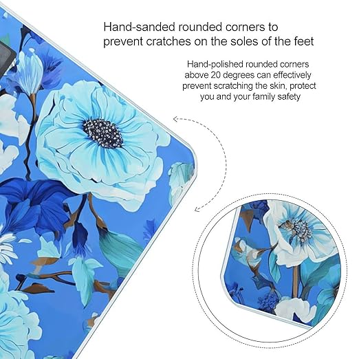 Blue Floral Bathroom Scale Automatic Power On/Off Body Scales LCD Backlight Display Square Digital Scale Rounded Corners Bathroom Scales for Home Bedrooms