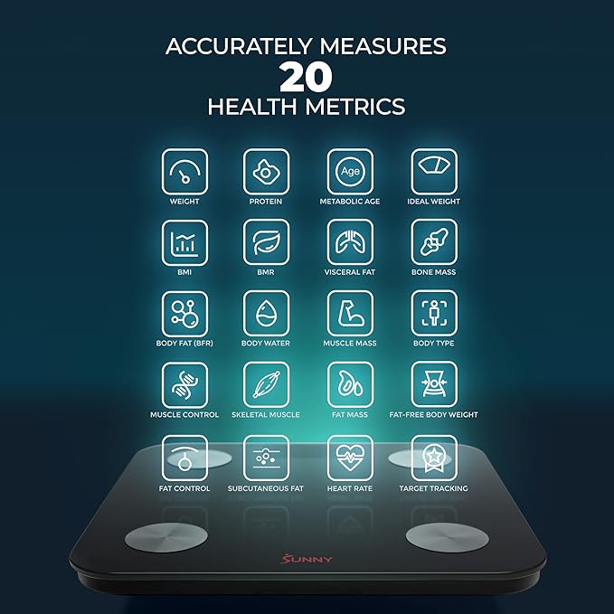Sunny Health &amp Fitness 20 Metric Advanced Body Fat Composition BMI Scale with Health Tracker &amp Analyzer App - Smart Bathroom Scale for Body Weight Metabolic Age BMR Fat Mass and More – SF-W