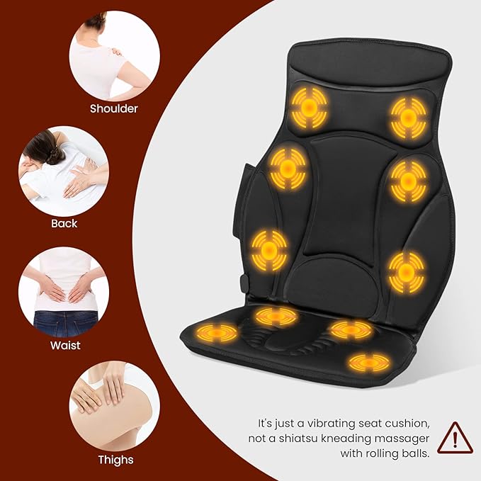 WELLHUT Massage Seat Cushion Back Massager with Heat 10 Vibration Nodes &amp 2 Heating Levels Back Massager for Pain Relief Massage Chair Pad Back Massager for Chair Home Office Use