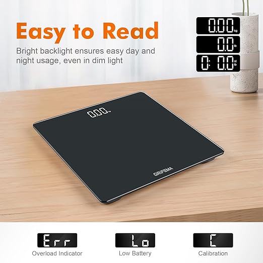 GRIFEMA GA2001-28 Digital Bathroom Scale with Large LED Display 5 mm Tempered Glass Platform 180 kg / 400 lb 28 x28 cm Slim Design Black