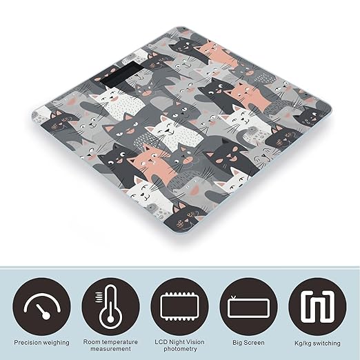 Cute Funny Grey Cats Pattern Scale for Body Weight Smart Scales Digital Bathroom Scale High Precision Weighing Scales with Large Display Weighing Machine for People