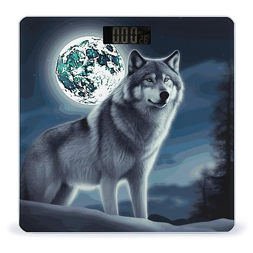 Wolf Under Moon Bathroom Scale for Body Weight Bathroom Digital Electronic Weighing Scale with Back Lit LED Display Sturdy Tempered Glass Weight Watchers Scales 400lb