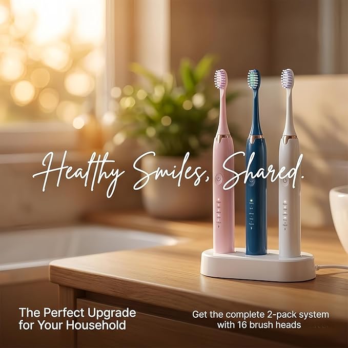 Electric Toothbrush for Adults 2 Pack Rechargeable Sonic Electric Toothbrush Cordless Battery Operated Toothbrush with 5 Modes 16 Brush Heads Travel Toothbrush Set (2PCS White)