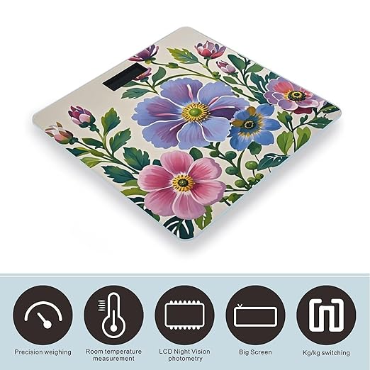 Hand Painted Flowers Bathroom Scale for Body Weight Bathroom Weighing Scales with Back Lit LED Display Sturdy Tempered Glass Body Weight Bathroom Scale 400lb Weighing