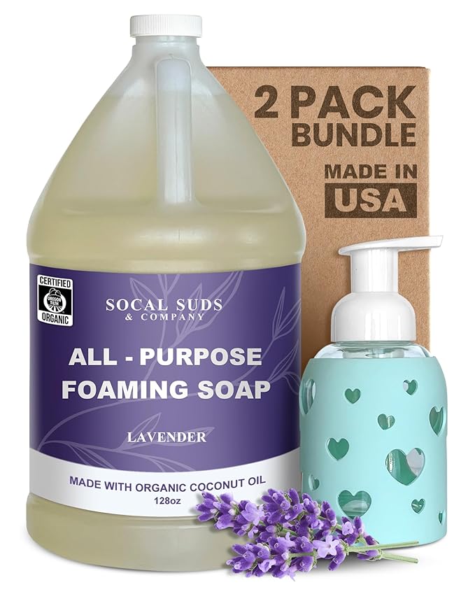 SoCal Suds &amp Company Organic Foaming Hand &amp Body Wash – Moisturizing Natural Baby Face &amp Sensitive Skin Wash Lavender 128oz + 8oz Sea Glass Foaming Glass Bottle w/Heart Silicone Sleeve